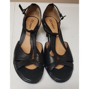 I Love Comfort Women's Black Leather Open Toe Strap Low Heel Sz 8M PO Excellent